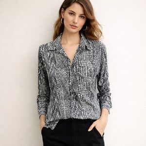 Prado Black & White Abstract Print Blouse | Long Sleeve | Modern Chic | Large